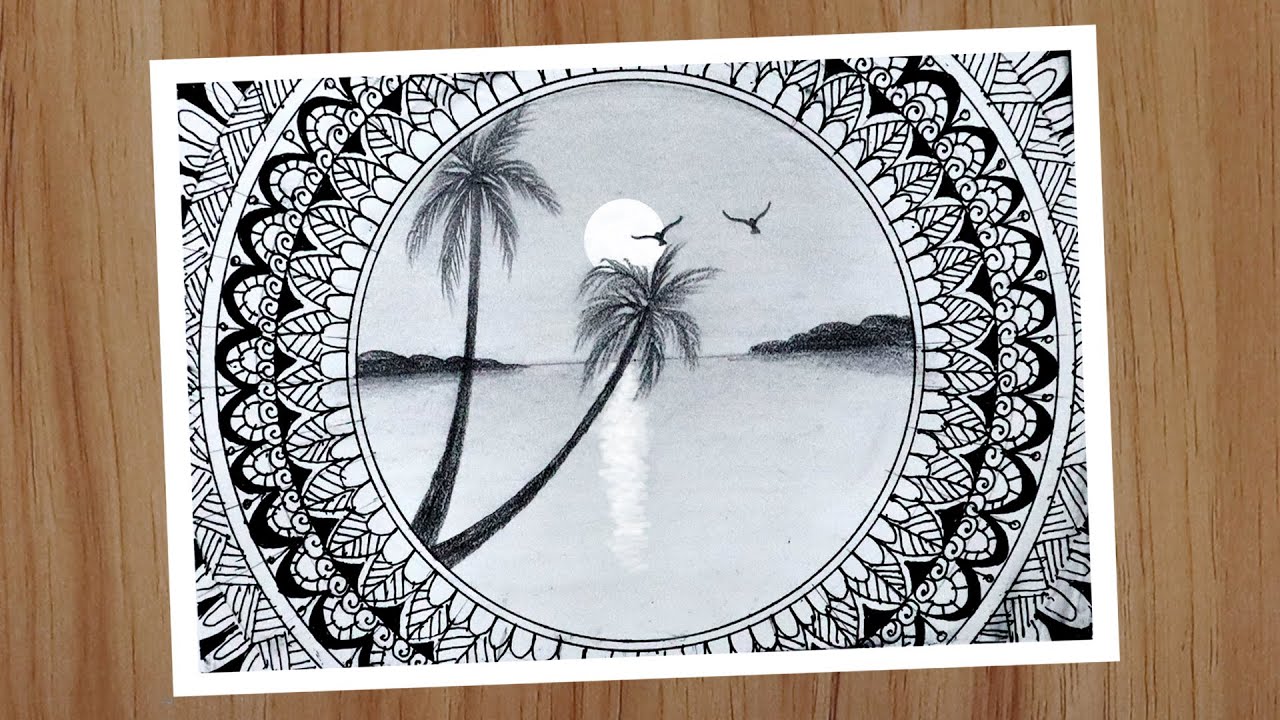 How to draw Sunset scenery with pencil, Mandala art for beginners