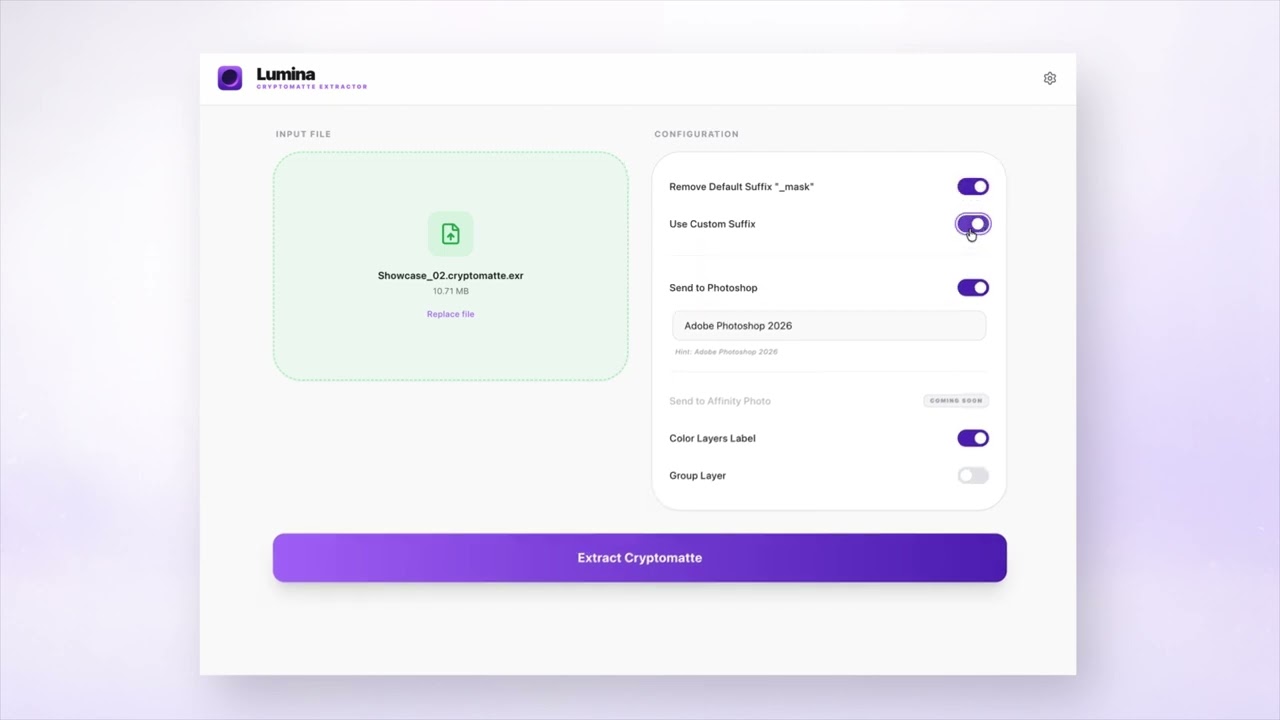 Lumina — Cryptomatte Extractor for Mac (Send to Photoshop in 1 Click!)