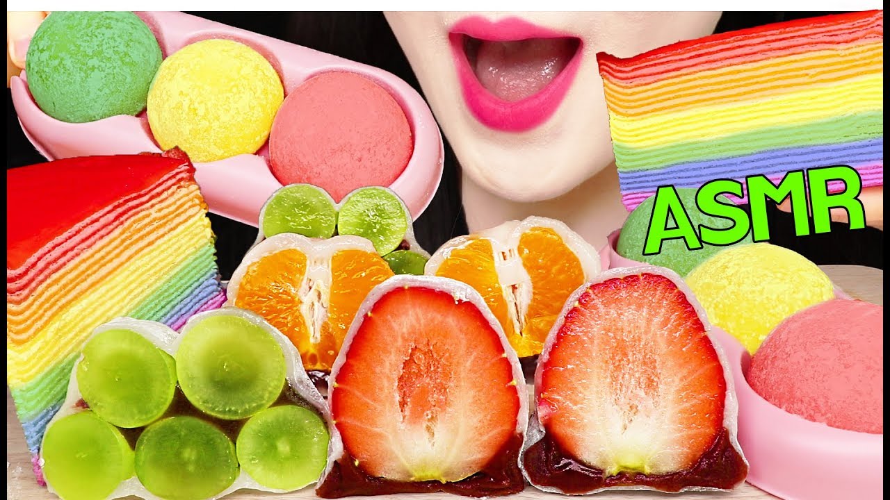 ASMR RAINBOW FRUIT RICE CAKE, CREPE CAKE, ICE CREAM 무지개 과일 찹쌀떡, 크레이프 케이크, 아이스크림 먹방 EATING SOUNDS