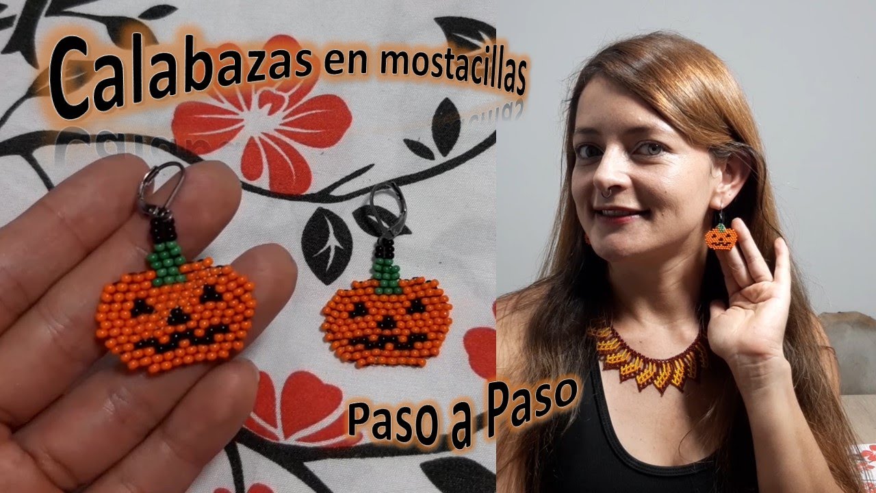 Como hacer aretes de calabaza en mostacillas (Diseño Halloween) paso a paso