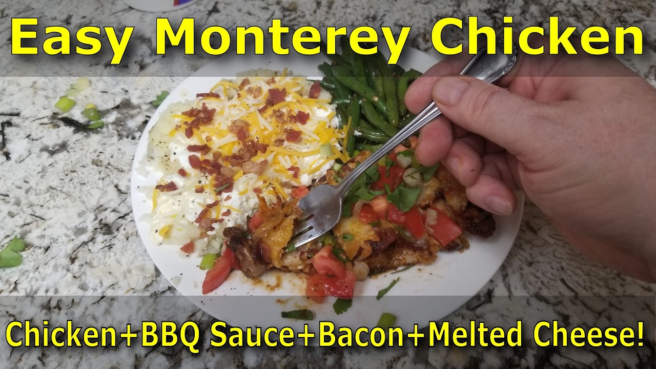 Easy Monterey Chicken served with Loaded Baked Potatoes and Garlic Green Beans - Uncle D Cooks