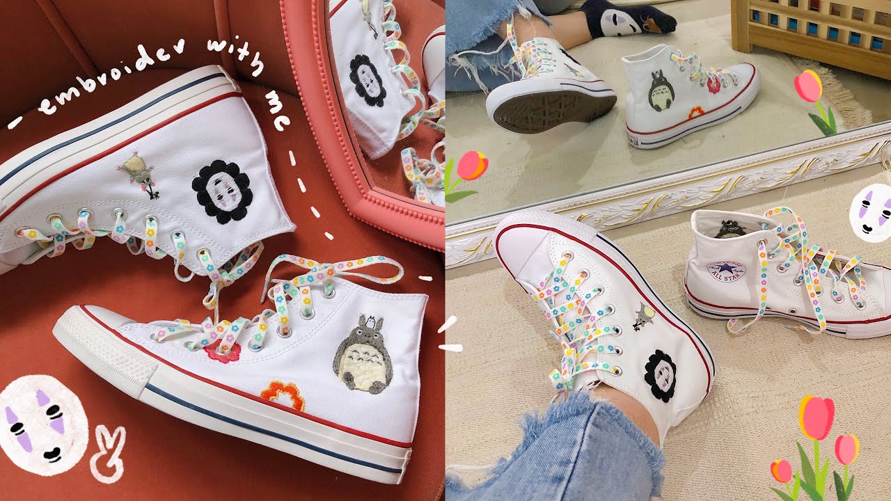 diy Studio Ghibli embroidered Converse ☁️🌼 embroider with me