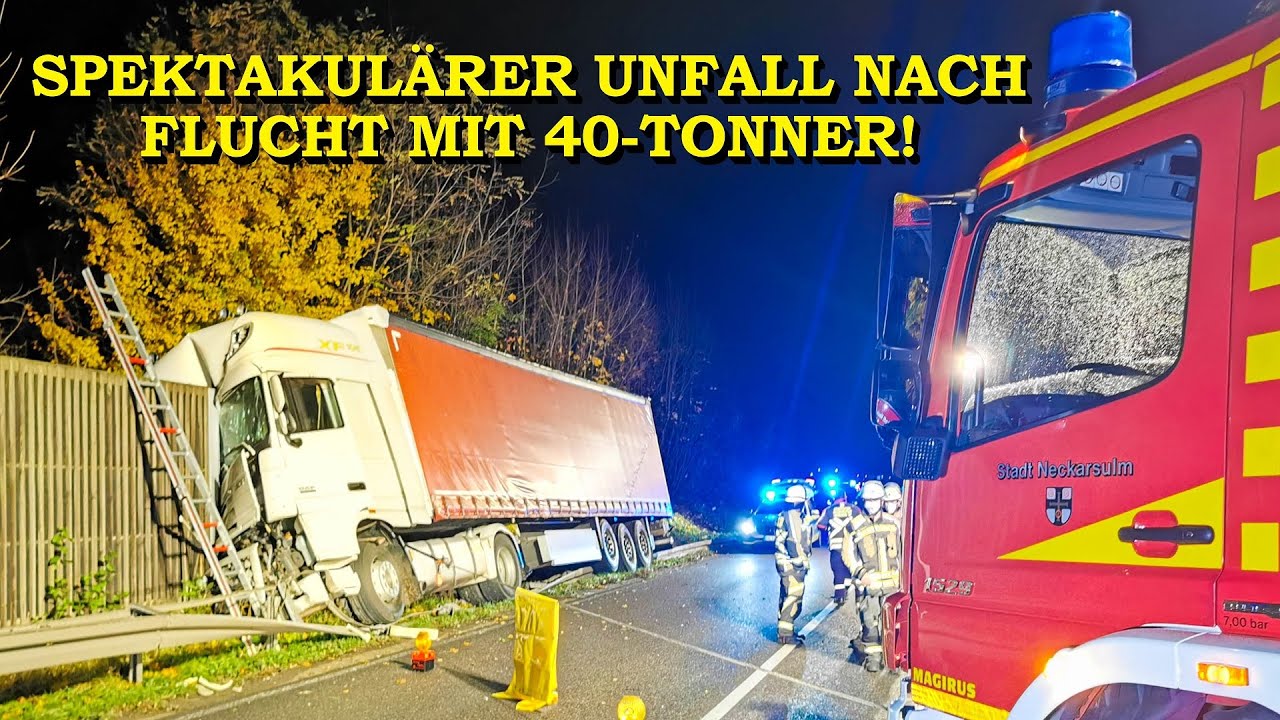 [Spektakuläre Flucht mit 40-Tonner] - Sattelzug kracht in Lärmschutzwand - | Feuerwehr im Einsatz