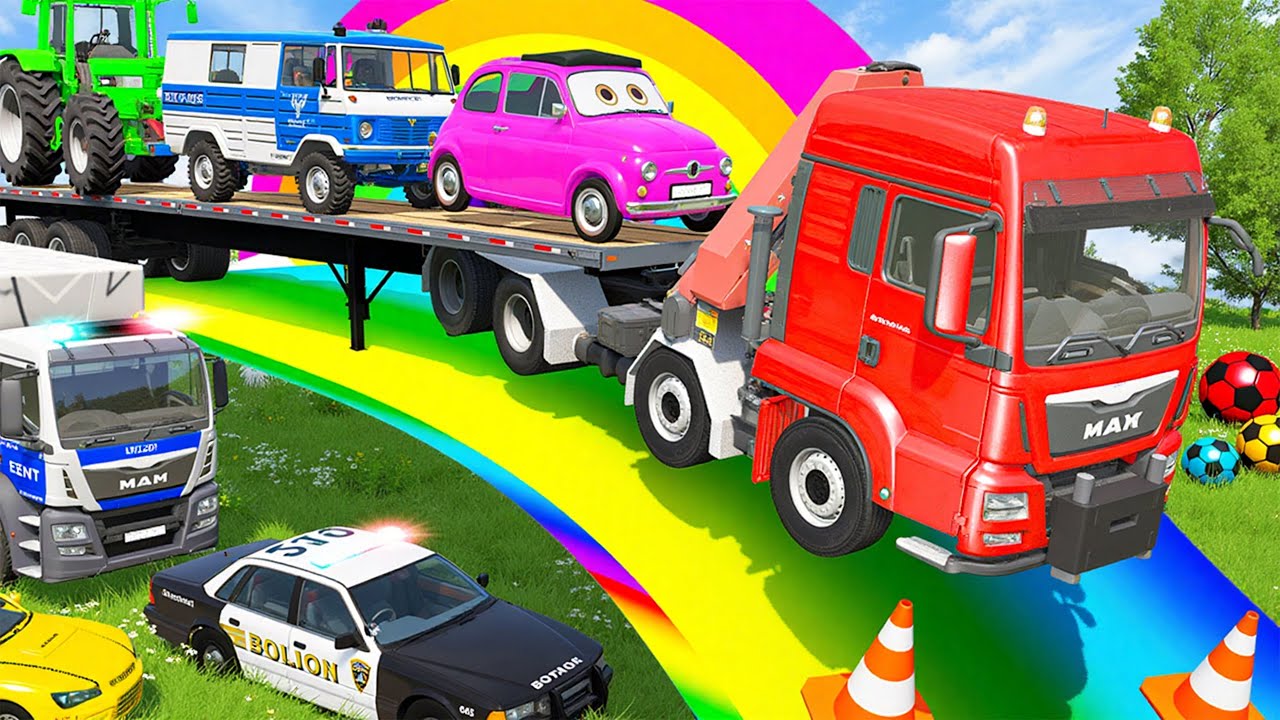 Funny Cars vs Monster Truck Rescue Flatbed Trailer &ndash; Slide Color vs Deep Water | BeamNG Drive
