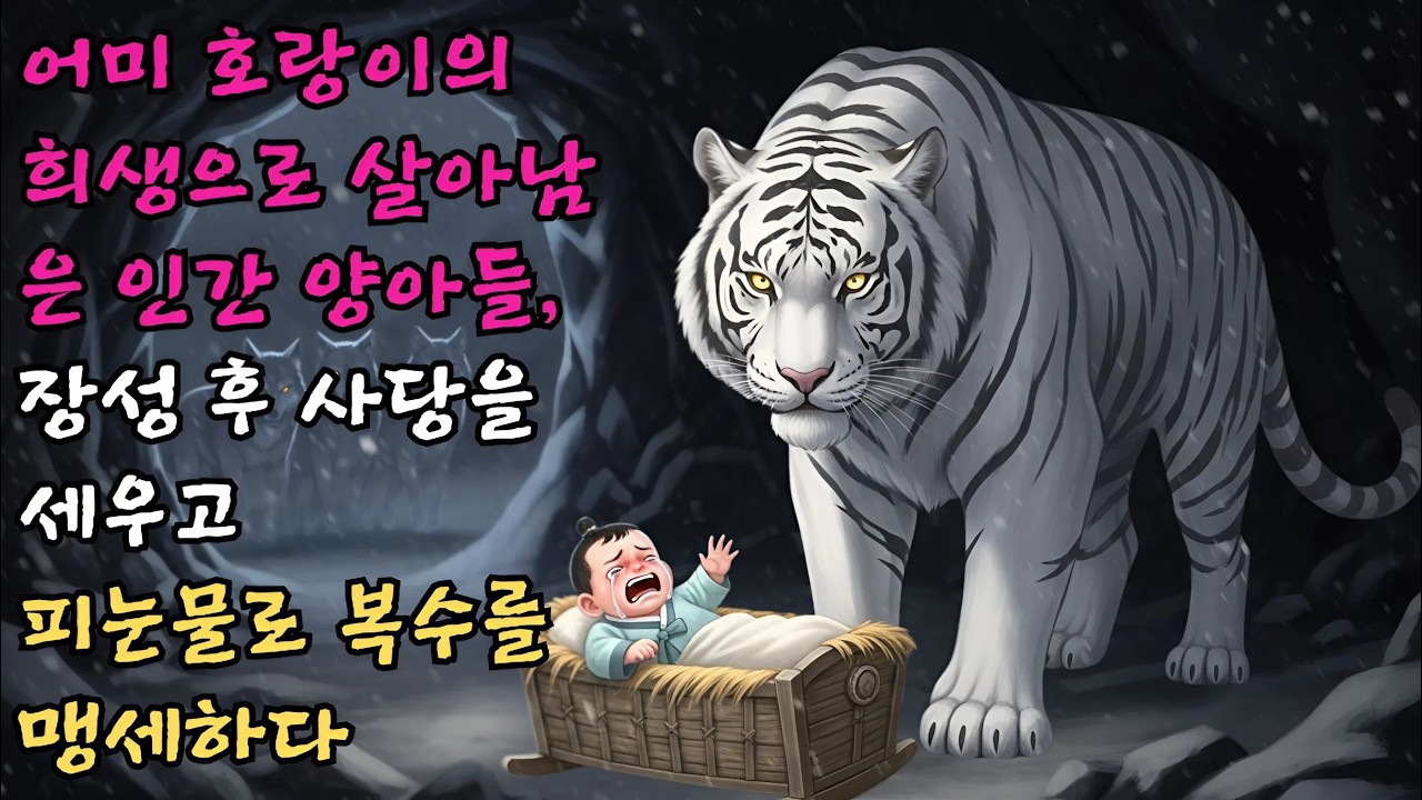 늑대 무리로부터 인간 양아들을 지키려다 처참하게 목숨을 잃은 어미 호랑이, 장성한 아들이 사당을 짓고 피눈물로 맹세한 복수의 사연.#야담 #민담 #전설 #설화