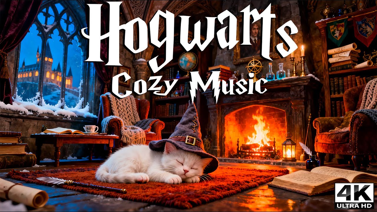 🔥Cozy Fireplace Night with a Cute Kitten & Hogwarts Outside 🐱