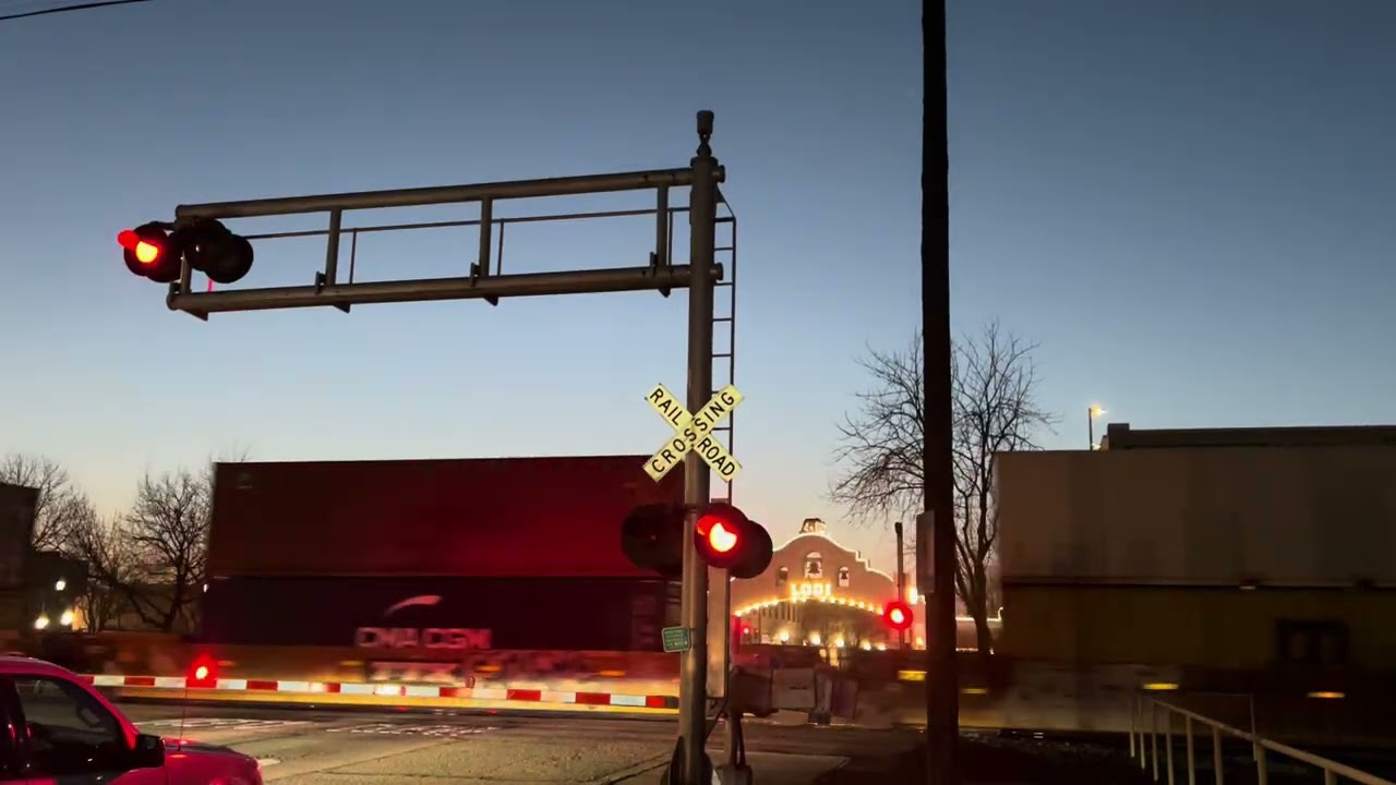 BNSF 7643 Intermodal Stack Train w/ DPUs North - E, Pine Street. Railroad Crossing, Lodi CA