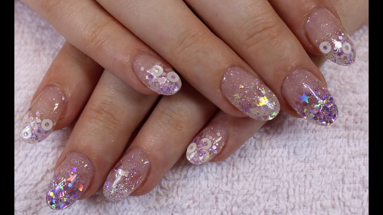 Cute Lilac Glitter Acrylic Nails