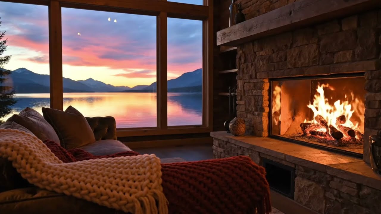 Lakeside Fireplace Ambience 🔥 Cozy Lounge with Crackling Fire | No Music