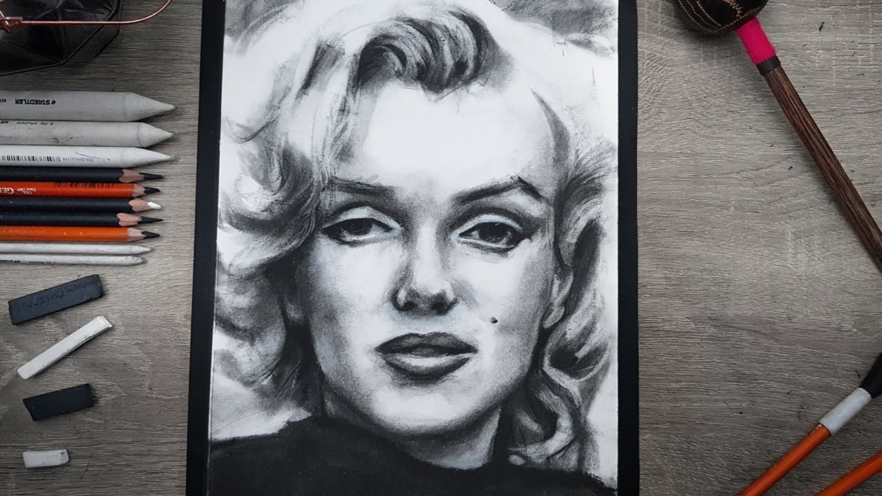 [ASMR] Drawing Marilyn Monroe with Charcoal Pencils [No Talking]