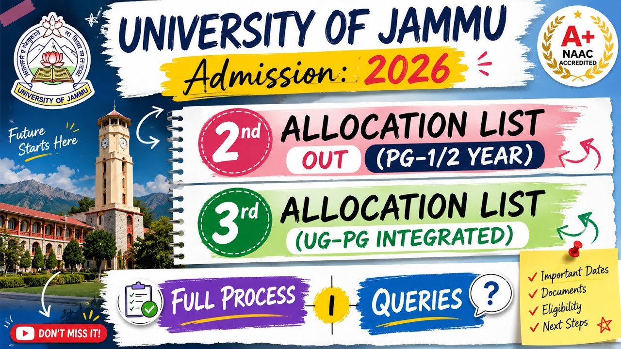 Jammu University PG/UG-PG Admission 2026 | 2nd & 3rd Allocation List Released |