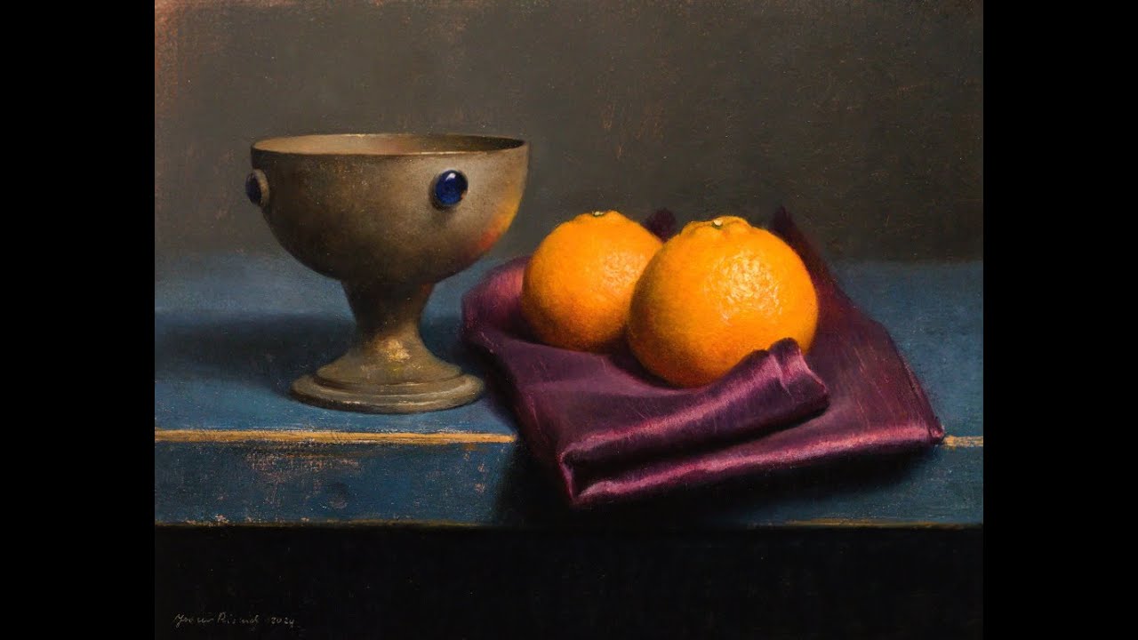 Tangerine still life in oils. Time lapse video.