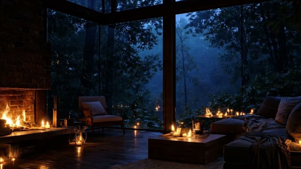 Cozy Fireplace at Night 🌙 Deep Sleep, Relaxing Rain & Forest Ambience (No Music)