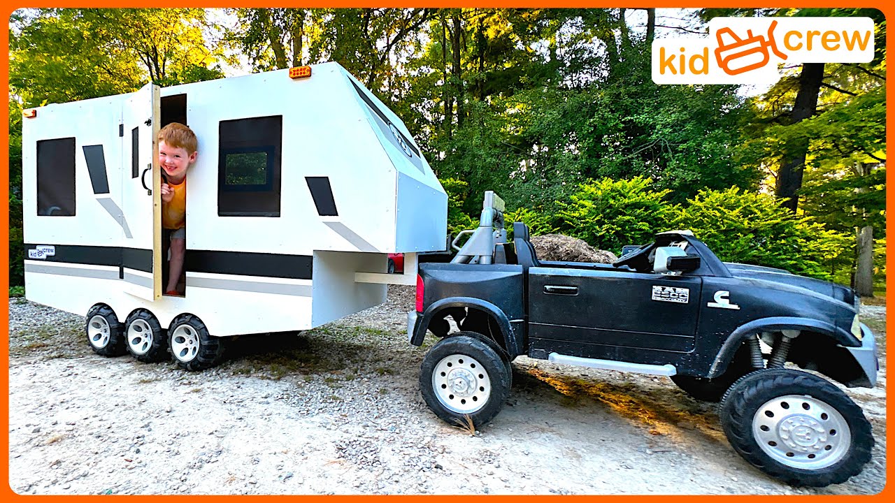 Camping adventure with kids RV trailer and ride on truck, sleeping in camper. Educational | Kid Crew