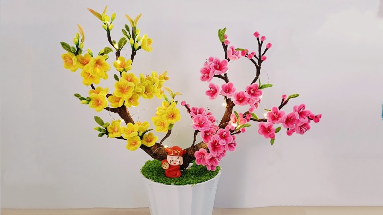 DIY Pipe Cleaner Bonsai: Apricot and Peach Blossom Combination for Stunning Home Decor 🌸🌿