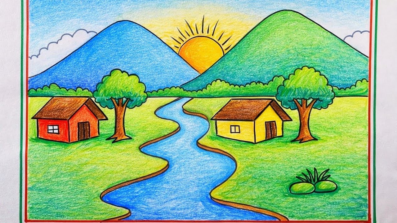 Peaceful Village Scenery Drawing | Relaxing Nature Art with Colour Pencils 🌿🌄