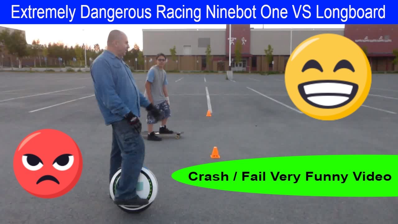 Extremely Dangerous Racing EUC Electric Unicycle Ninebot One E + vs Longboard Crash Fail Very Funny