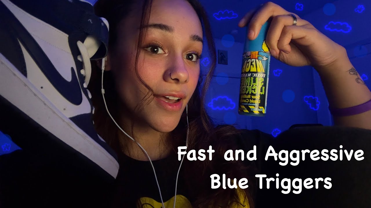 [ASMR] fast and aggressive blue triggers (head massager, slime licker, fabric sounds, etc.)💜