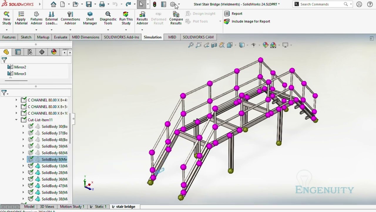 SolidWorks Simulation Tutorial | Static Study of Stair Bridge | Step-by-Step Structural Analysis