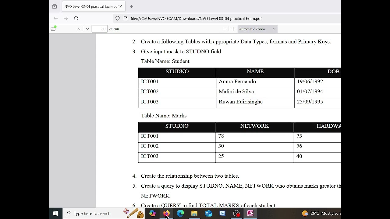 Microsoft Access Create Table, Form, Query and Report Practical Sheet