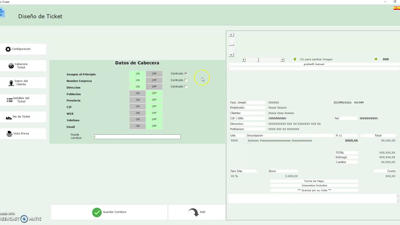 Programa Tpv para Restaurantes GratiSoft configuraci&oacute;n diseno ticket