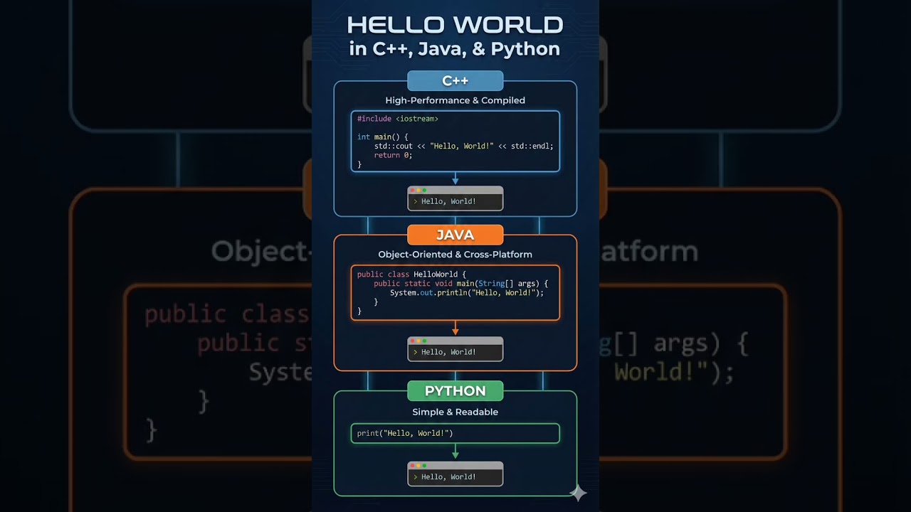 How to print hello world in c++ java and python