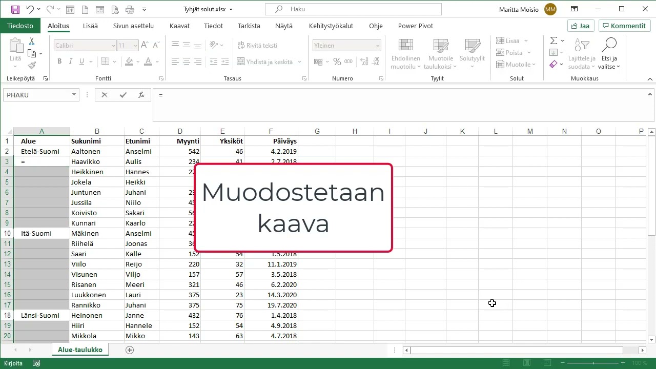 Tyhjien solujen täyttäminen