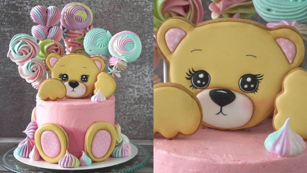 Teddy Bear Cake Tutorial (Easy Baby Shower Cake with Meringue Cookies)테디베어 케이크 귀여운 곰돌이 쿠키 토퍼