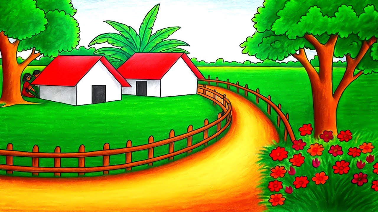 How to Draw Village Scenery | Easy & Beautiful Landscape Drawing Step by Step for Beginners