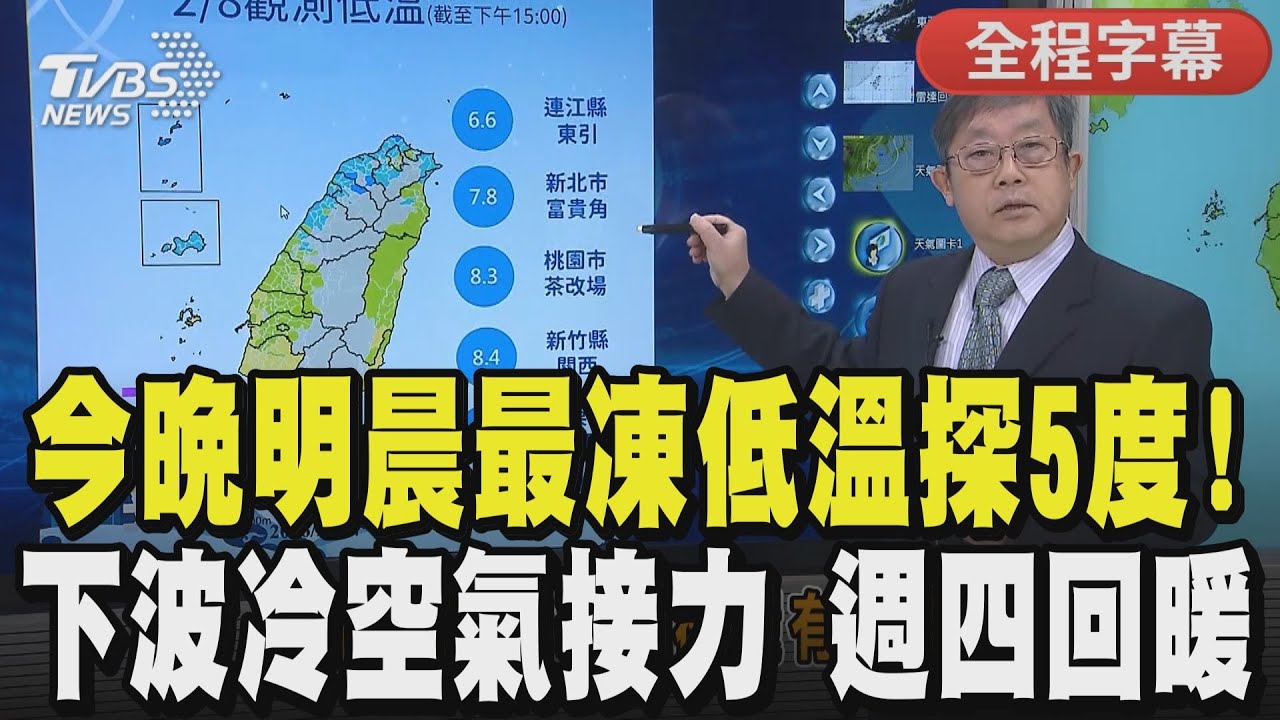 【全程字幕】今晚明晨最凍! 乾冷輻射發威低溫探5度 全台各地僅澎湖未發低溫燈號! 週三晚週四清晨下波冷空氣將至 週四起回暖.週末情人節晴朗｜TVBS新聞 @TVBSNEWS01