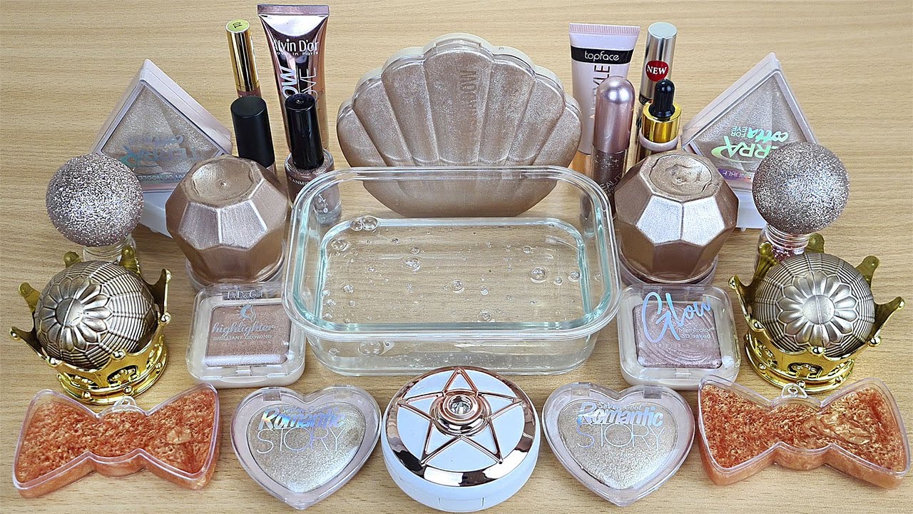 Rose GOLD SLIME Mixing makeup and glitter into Clear Slime Satisfying Slime Videos