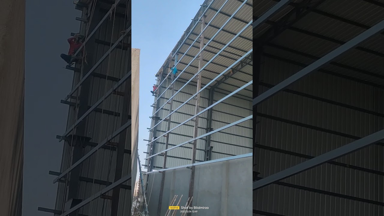 Sheeting work.Vertical purlin installation.Teen shed structure purlins 