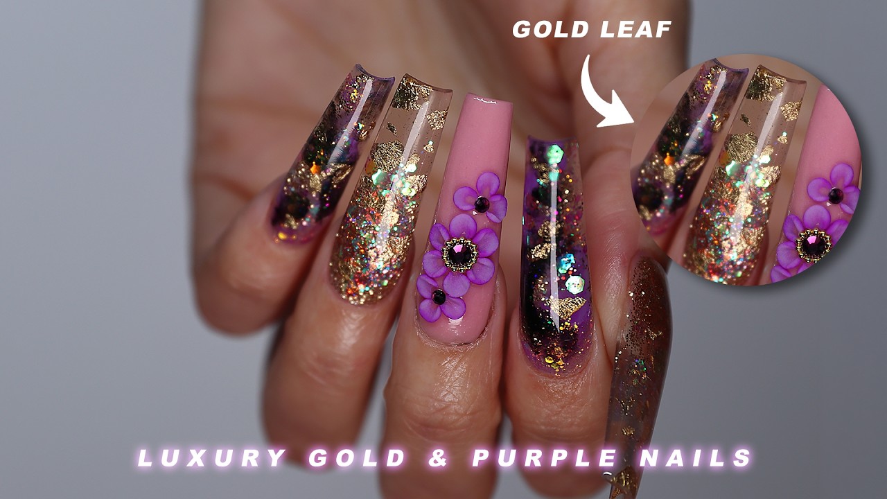 💜 Let's Do My Nails Together | Gold, Purple & Black Acrylic Nails