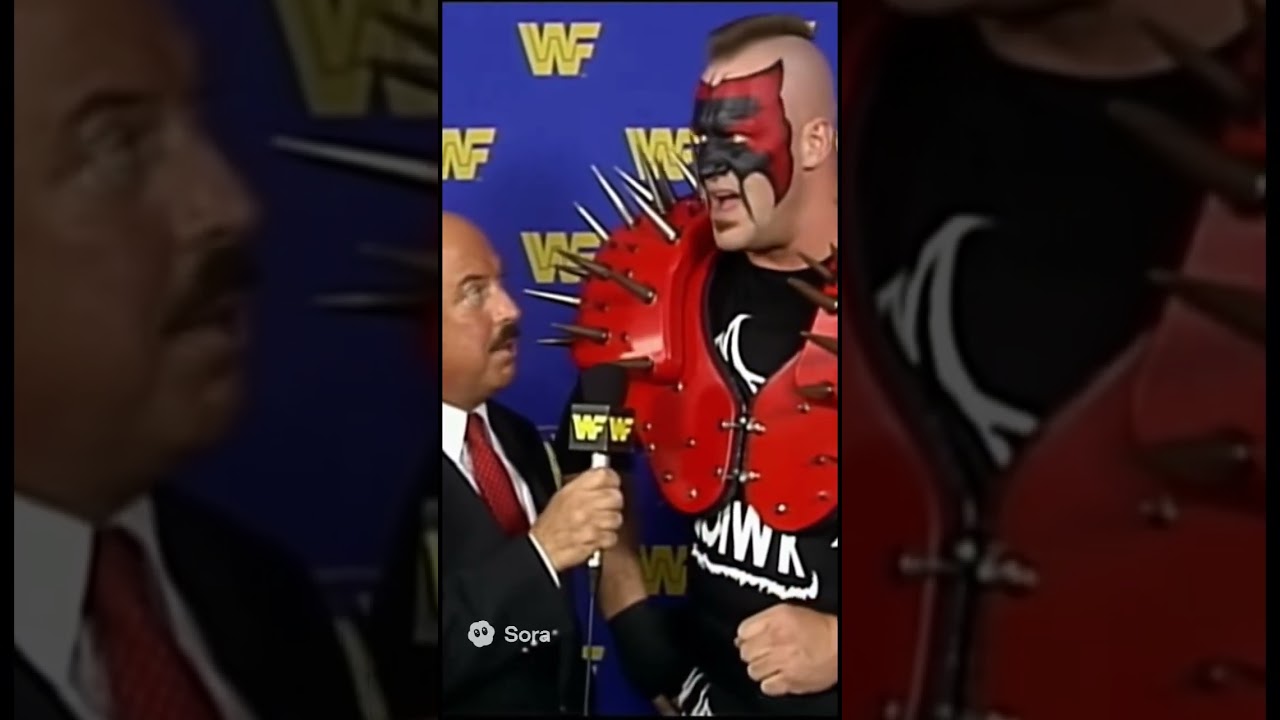 Mean Gene Okerlund interviews Road Warrior Hawk