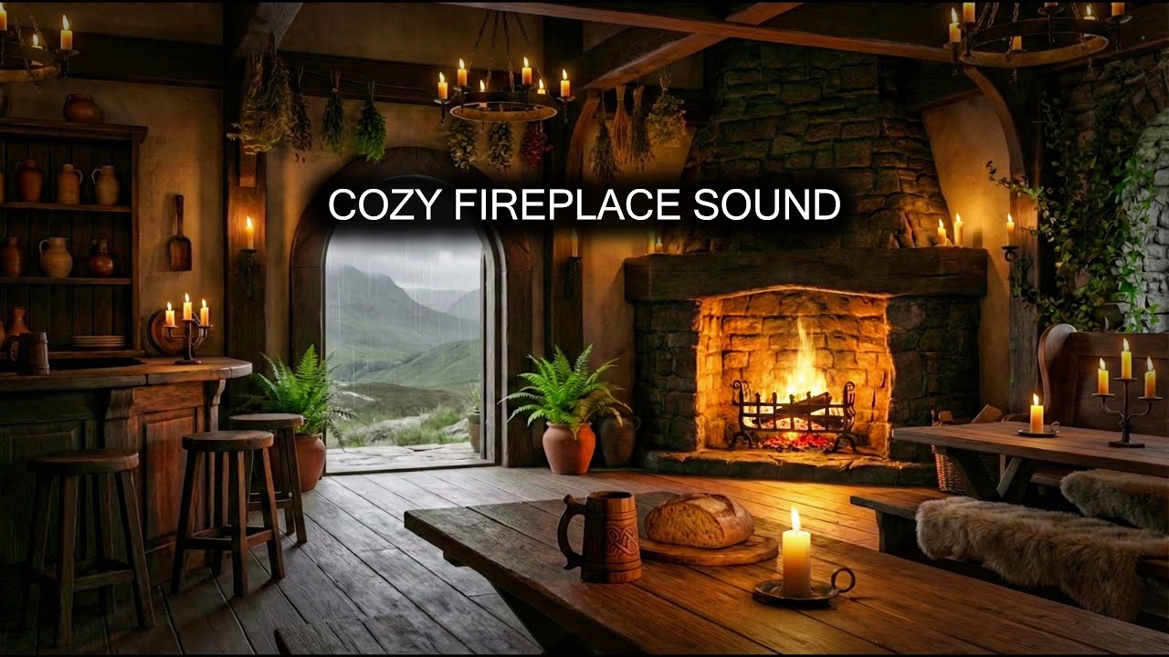 Cozy Celtic Tavern Fireplace Ambience 🔥 | Crackling Fire & Gentle Rain | No Music