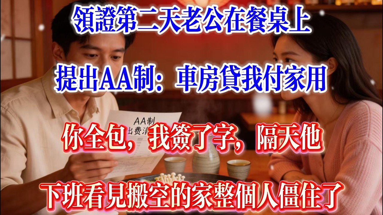 领证第二天老公在餐桌上提出AA制：车房贷我付，家用你全包，我签了字，隔天他下班看见搬空的家整个人僵住了#情感故事#人生感悟#感情#正能量