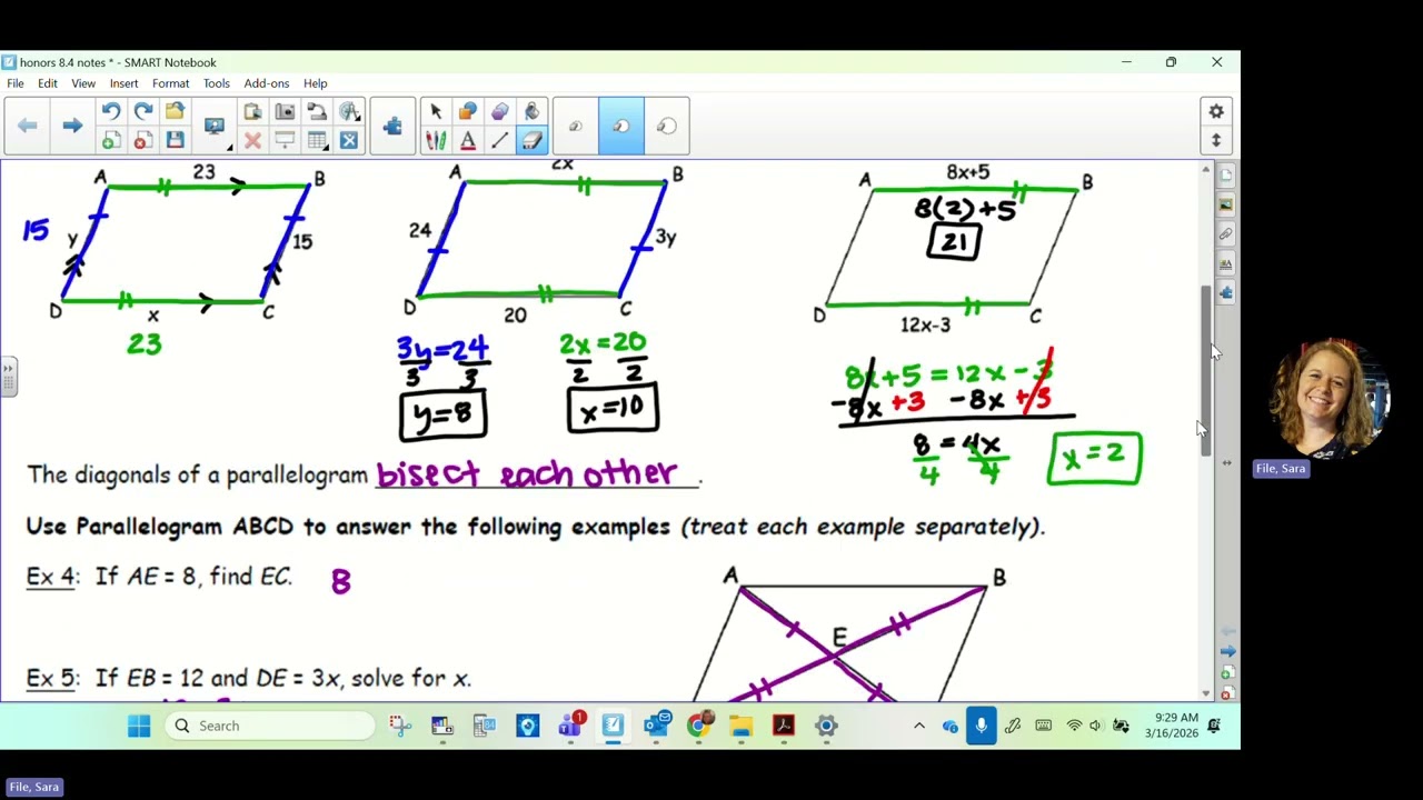 honors geometry - 8.4 notes - parallelograms sides and diagonals