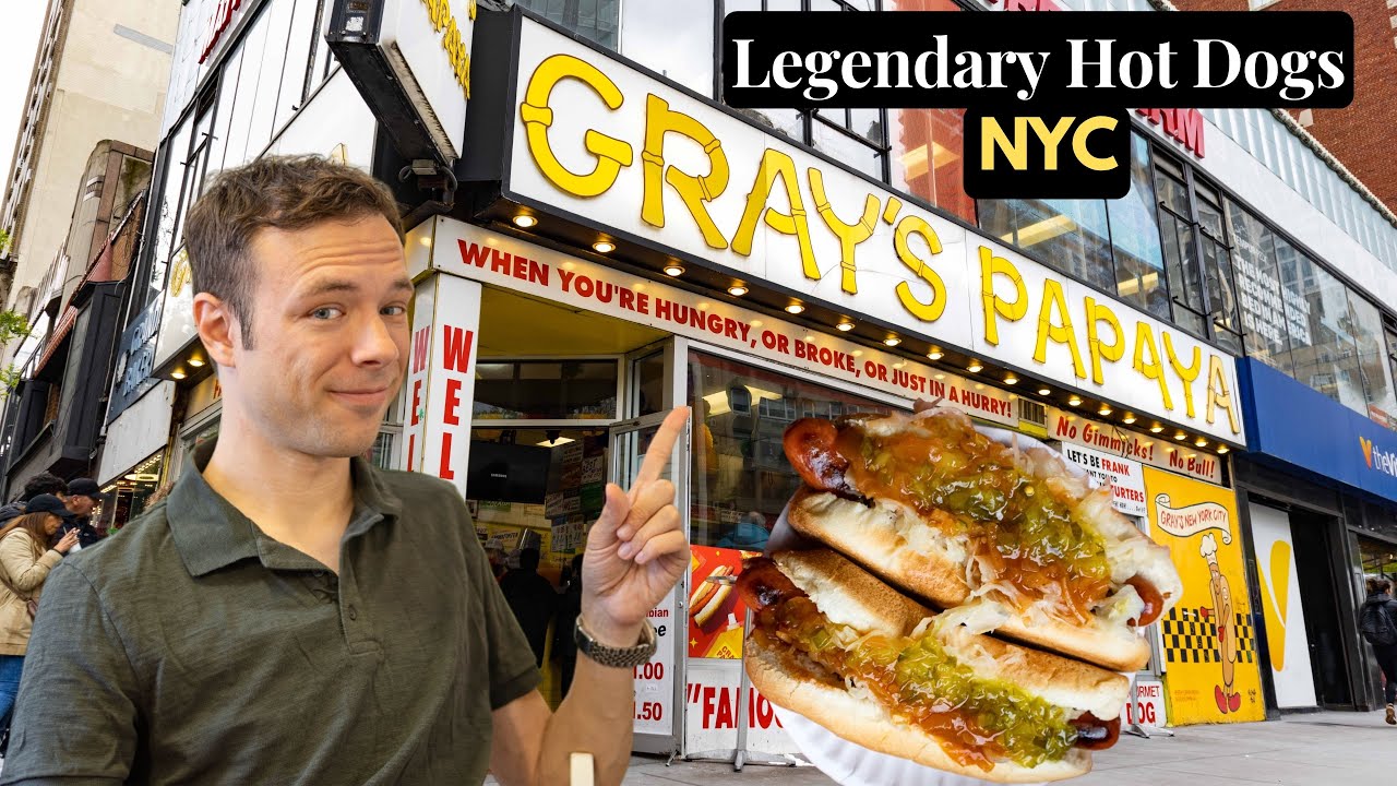 Eating at Gray's Papaya. Legendary NYC Hot Dogs