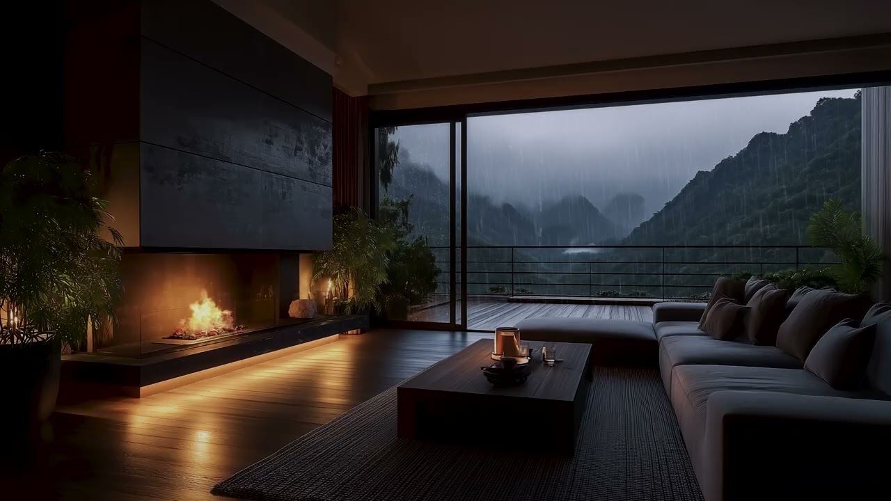 Rainy Night in a Cozy Living Room 🔥 Fireplace and Mountain Rain Sounds for Deep Sleep