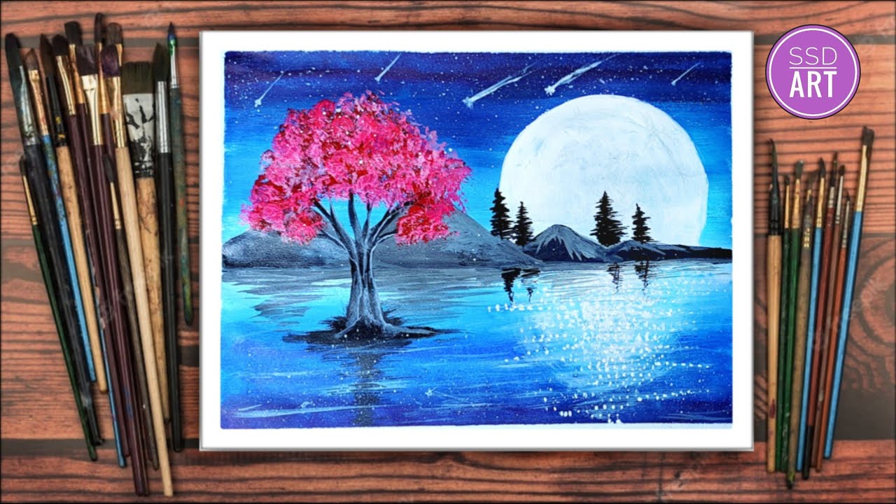 Full moon drawing || moonlight picture drawing for beginners || #ssdarts #moonlight