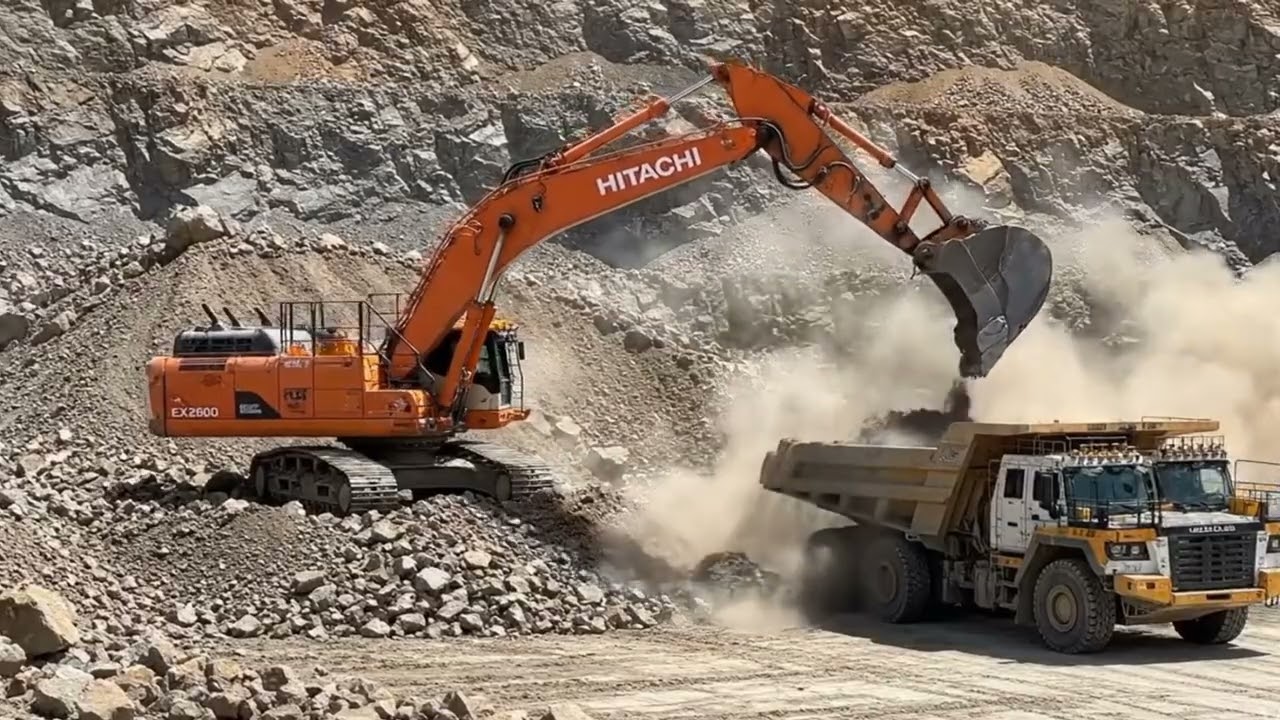 Massive Excavator Loading Dump Trucks Hitachi Quarry Work
