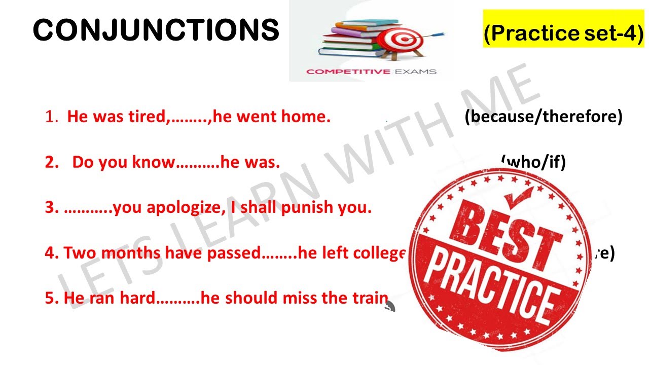 Conjunctions In English Grammar | Practice set-4 | Conjunction exercise | Fill correct conjunction