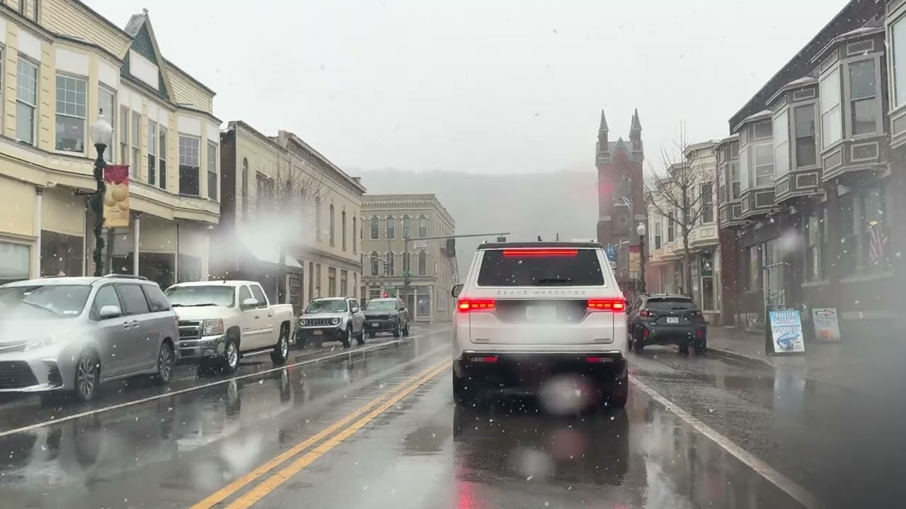 Driving WARSAW NY in Winter Snowfall - USA 4K Driving