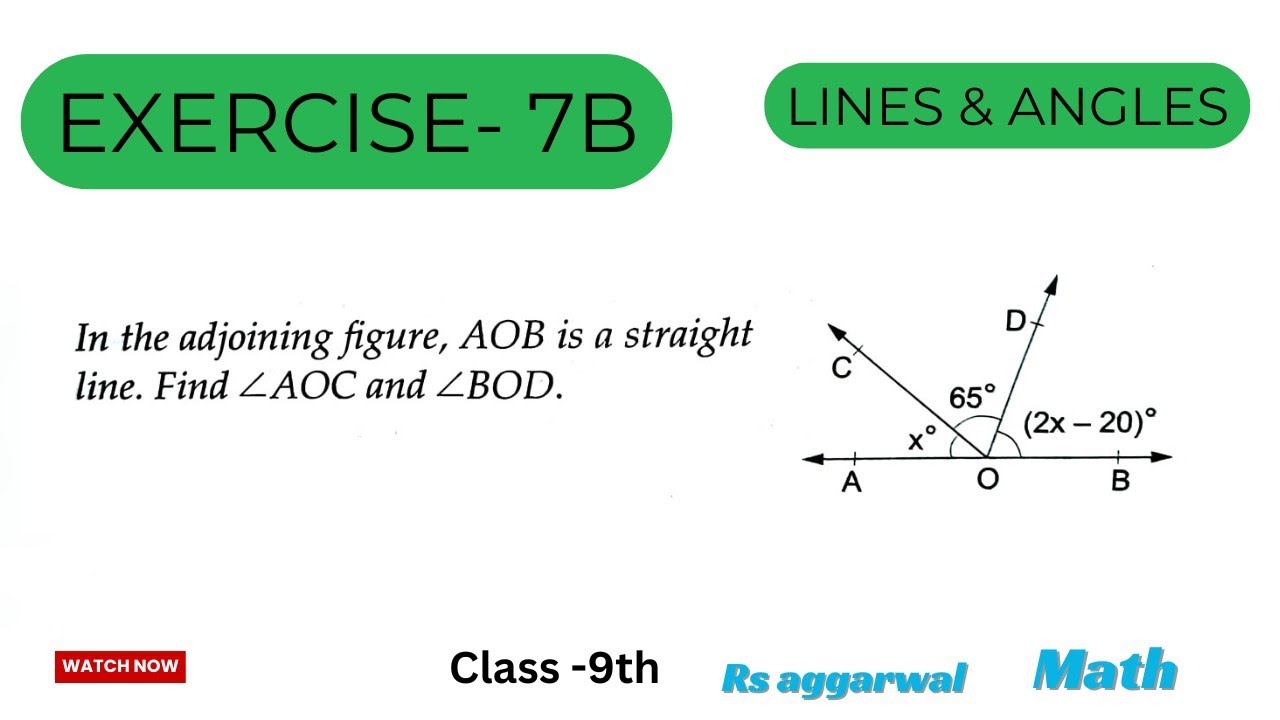 Example-1 In the adjoining figure, AOB is a straight line. Find &ang;AOC and &ang;BOD.