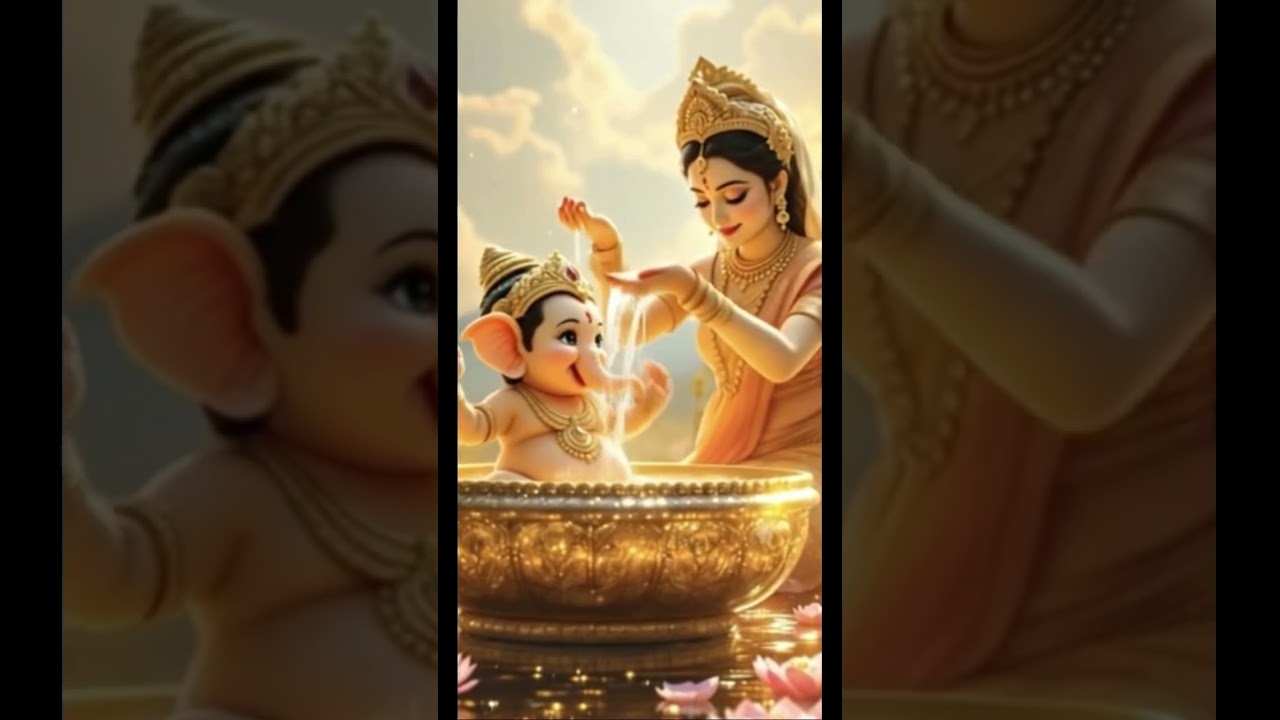 &ldquo;Goddess Parvati lovingly bathing Lord Ganesha, a divine moment of purity and devotion.#ganesh