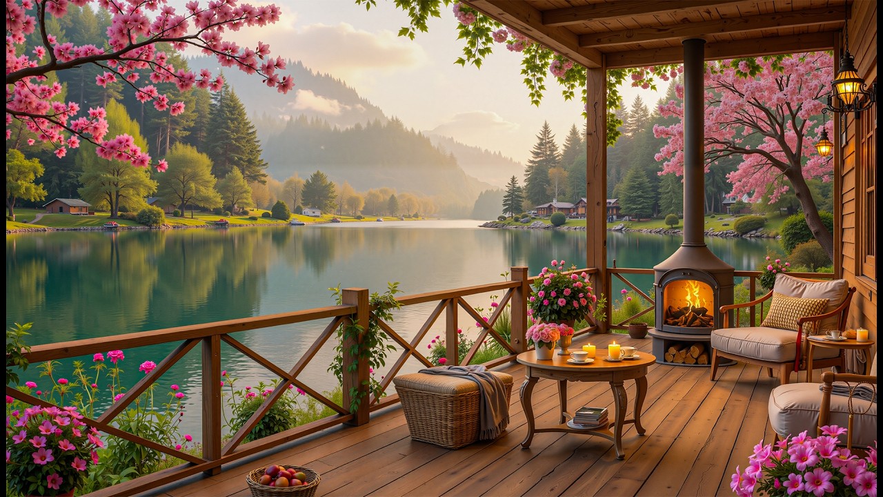 Spring Lakeside Porch Ambience & Smooth Piano instrumental Music 🌸 Soft Music for Studying, Work