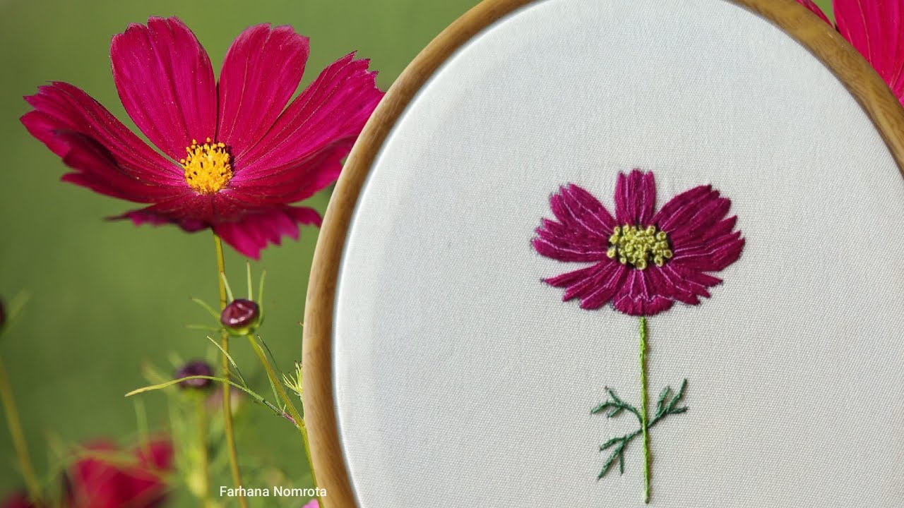 Cosmos Flower Hand Embroidery 🌸🪡 কসমস ফুলের সেলাই #flowerembroidery #embroidery