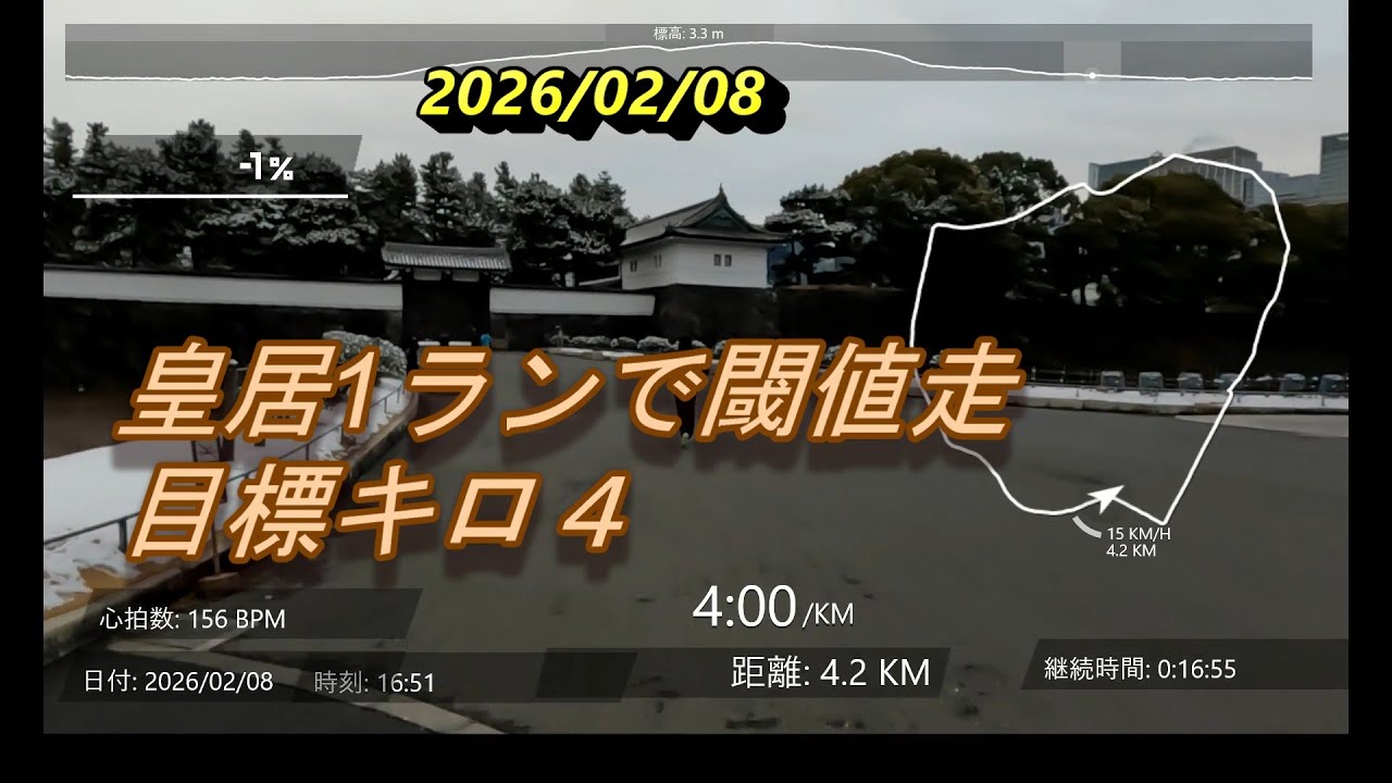 2026/02/08 皇居1周ランで閾値走　目標キロ4　目線カメラノーカット動画