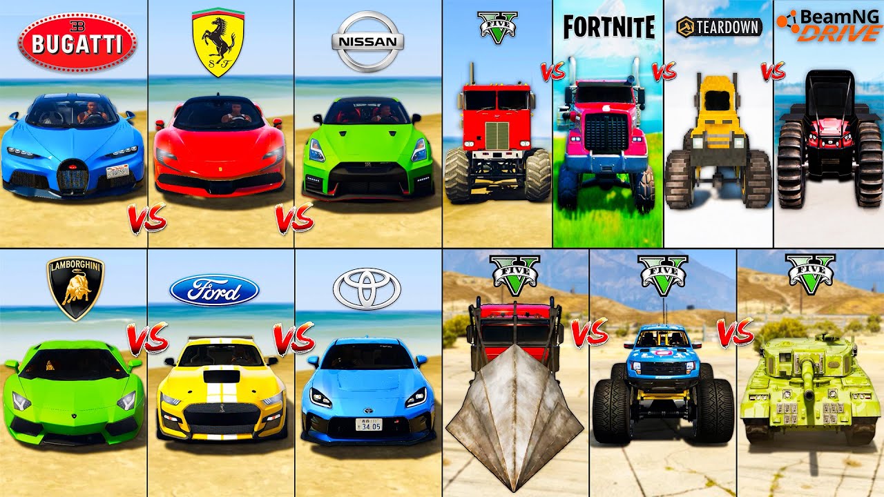 Bugatti SuperSport vs BIG Wheel Truck vs Lamborghini vs Monster Truck - GTA 5 Fortnite Teardown Cars