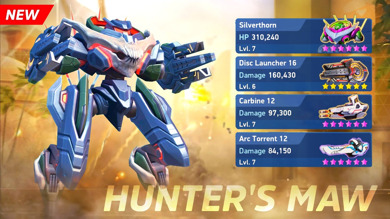 New HUNTER'S MAW - Silverthorn with Disc Launcher 16, Arc Torrent 12, Carbine 12 - Mech Arena